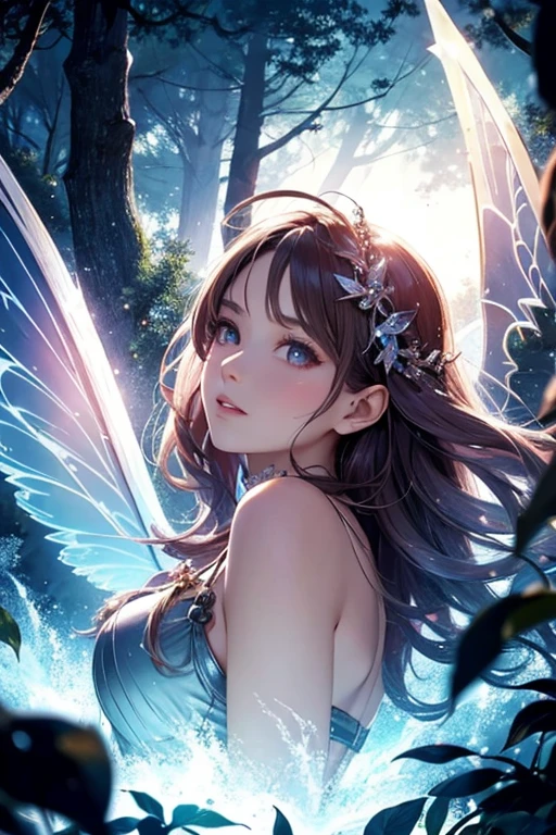 masterpiece, 1 Fairy, flying fairy woman, perfect face, world, Glass wood forest, dramatic lighting,  blindfold, Ultra detailed, floating glow worlds, depth of field, (Shining Dust)