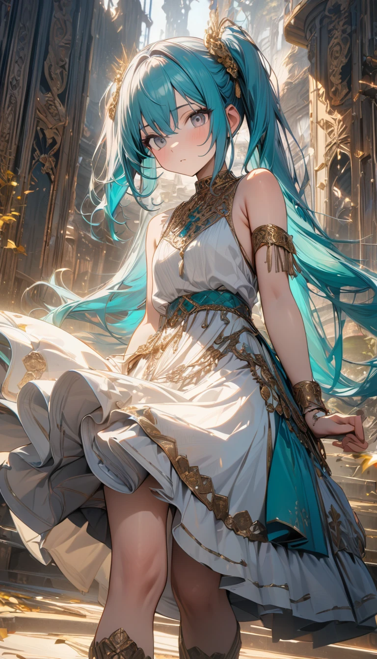 young girl, long turquoise hair, two ponytails, gray eyes, white Indian dress, sleeveless, open shoulders, lush skirt, golden elements, Masterpiece, best quality, Full HD, 8k, ultra details, great graphic