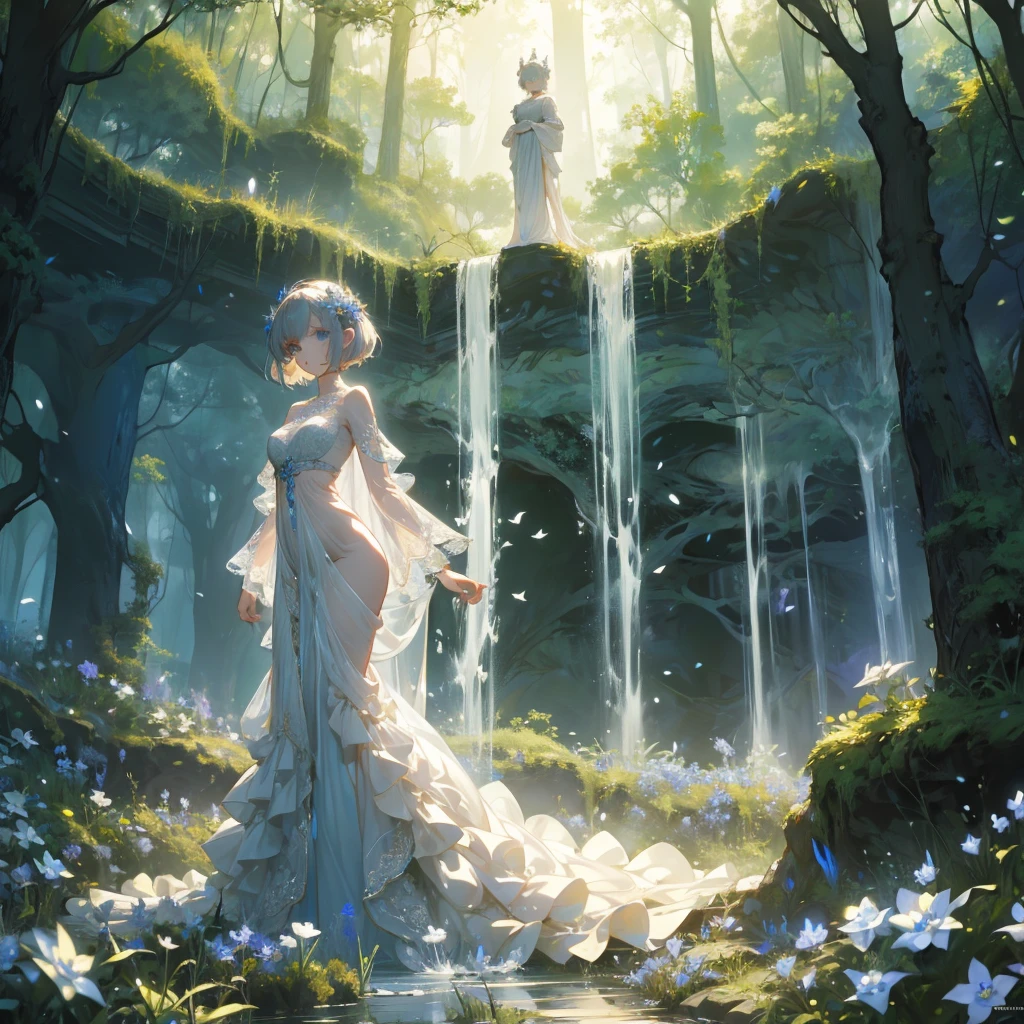 ((masterpiece, best quality)), Delicate face,Elf,forest,whole body,Standing picture,Perfect body proportions,short hair,beautiful eyes,Fantasy style,White background,transparent,Lace,NUDE,Charm