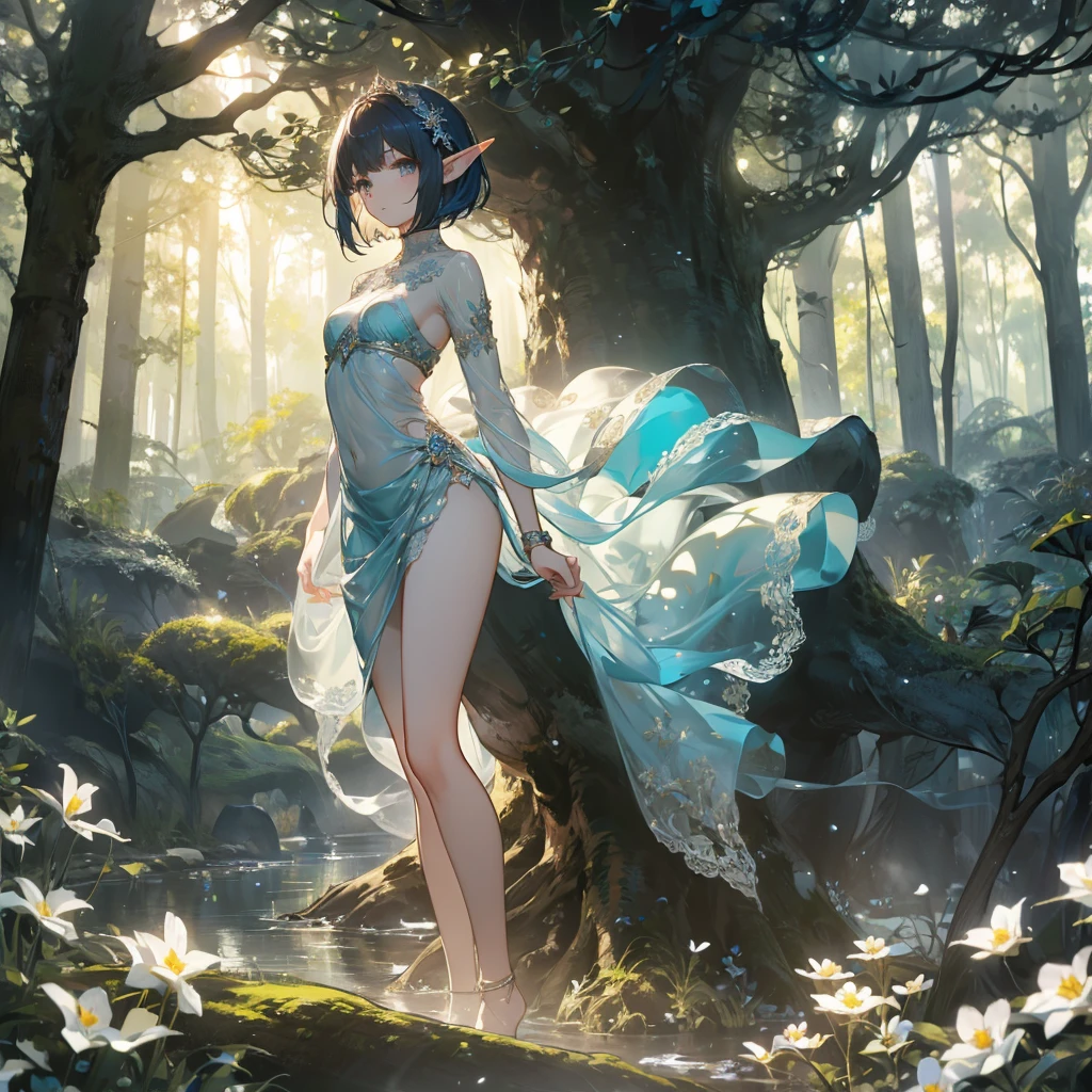 ((masterpiece, best quality)), Delicate face,Elf,forest,whole body,Standing picture,Perfect body proportions,short hair,beautiful eyes,Fantasy style,White background,transparent,Lace,NUDE,Charm