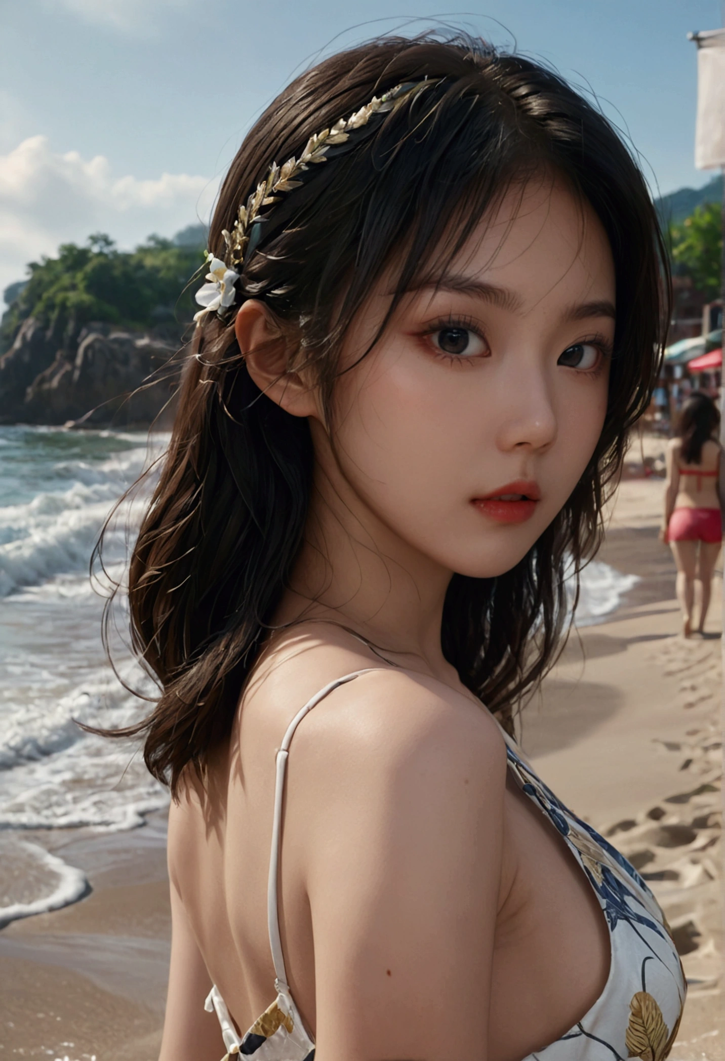 plan eloignée, a beautiful asian girl walking down on a beach in bikini, camera view from her back, detailed facial features, high quality detailed skin, detailed dress, street scenery, realistic lighting, 8k, hyper detailed, photorealistic, beautiful detailed eyes, beautiful detailed lips, extremely detailed eyes and face, long eyelashes, realistic, photorealistic, photo-realistic:1.37, best quality, 8k, highres, masterpiece:1.2, ultra-detailed, hyper-realistic, cinematic lighting, moody intricate details, cinematic composition,realistic, photorealistic, 8k, best quality, masterpiece, ultra-detailed, physically-based rendering, professional, plan eloignéé,ultra detailed background, ultra detailed face, real asian, , Realistic Skin Texture, Texture, Detailed Eyes, texture, maximun detail on the background, no blurring