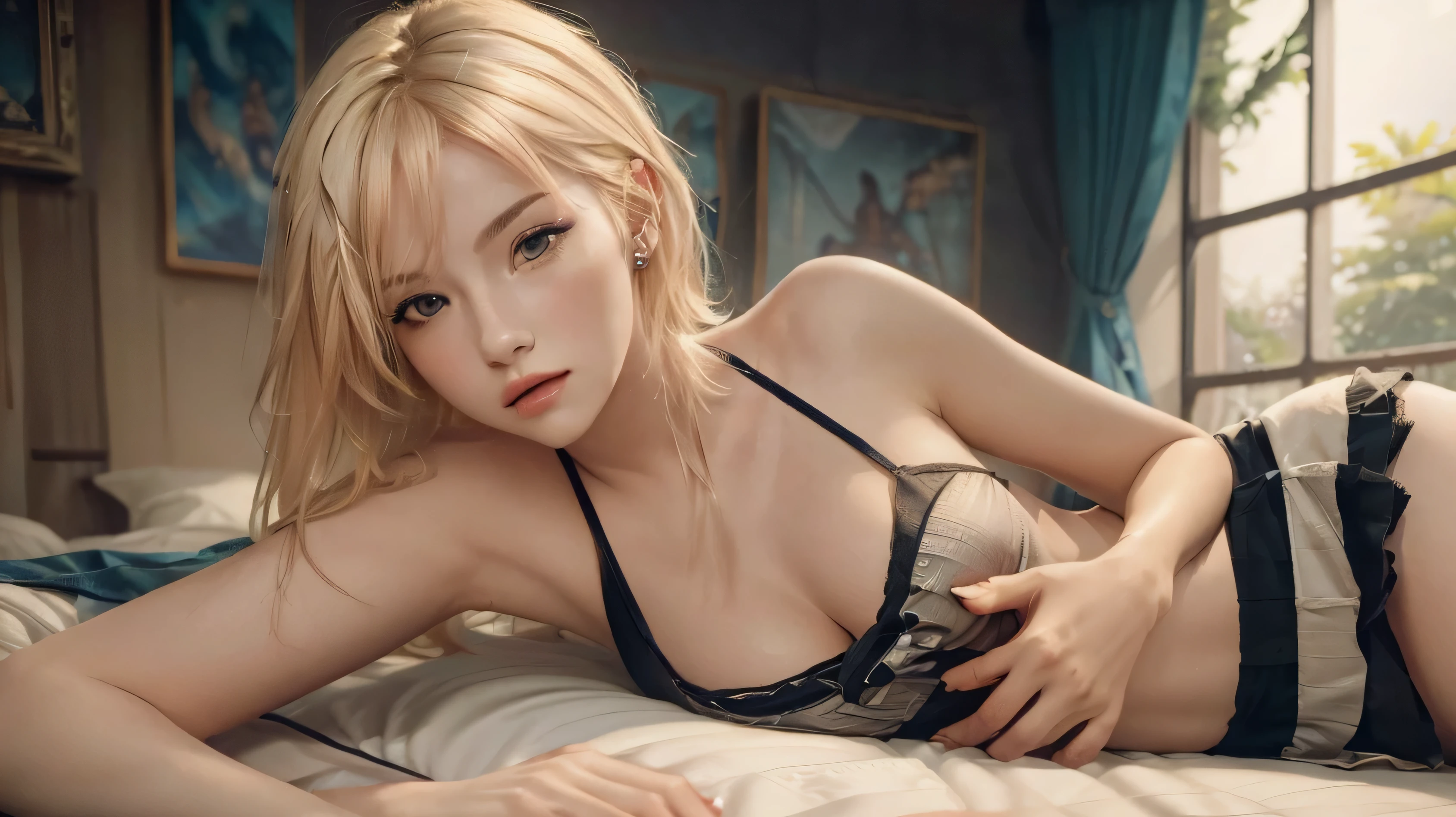 A young woman with dyed blonde hair, wearing a short skirt, lying on her stomach in the bedroom, sexy legs, sexy breasts, detailed eyes, luscious lips, (best quality, 8k, high resolution, masterpiece: 1.5)