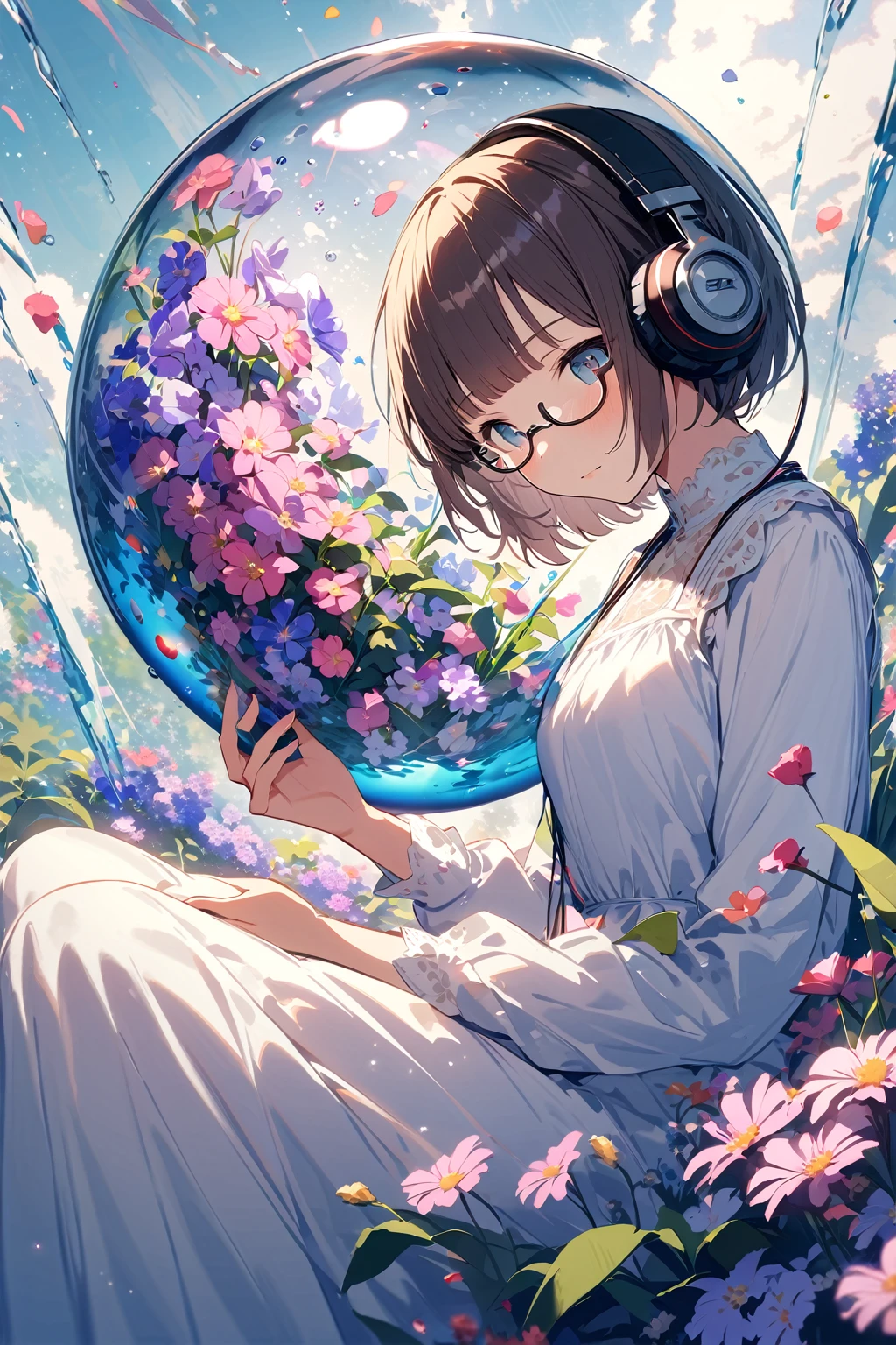 (extremely detailed fine touch:1.3), (((semi-rimless eyewear:1.3))), (wear headphones around:1.2), short hair, blunt bangs, 1girl, solo, 2.5d face, full body, holding one flower, leaning back, side shot, white dress, Sitting inside a transparent sphere containing flowers and some water