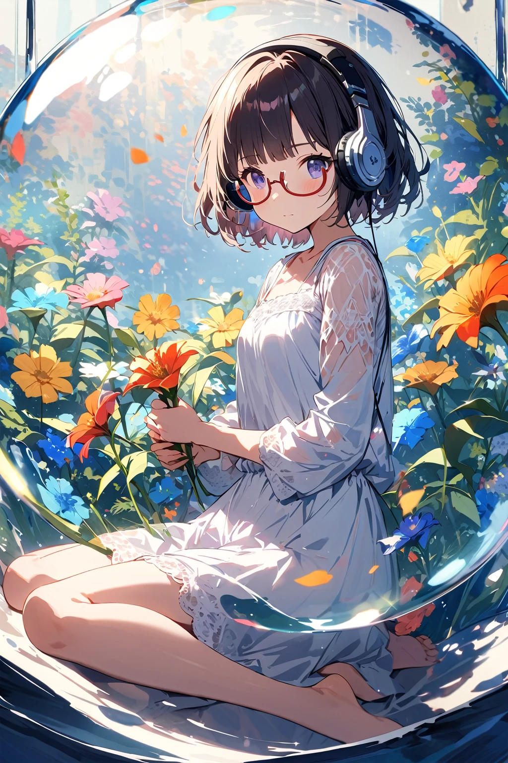(extremely detailed fine touch:1.3), (((semi-rimless eyewear:1.3))), (wear headphones around:1.2), short hair, blunt bangs, 1girl, solo, 2.5d face, full body, holding one flower, leaning back, side shot, white dress, Sitting inside a transparent sphere containing flowers and some water