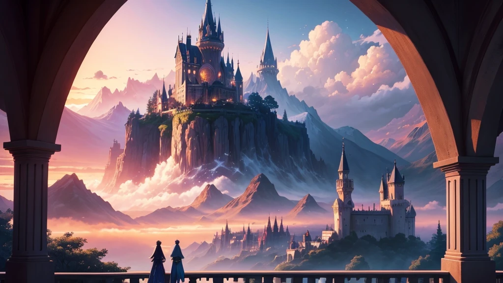 Anime Style,Detailed background,Magical World,Distant view from the balcony,Wizard Beauty