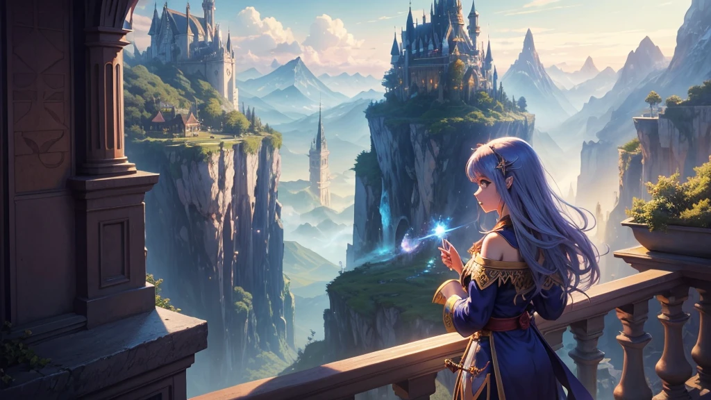 Anime Style,Detailed background,Magical World,Distant view from the balcony,Wizard Beauty
