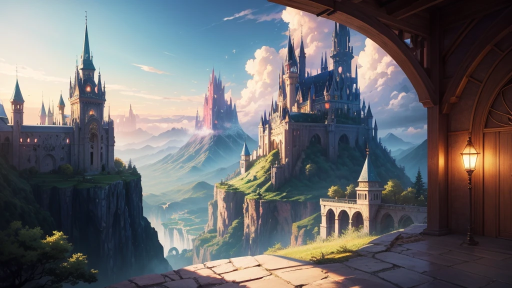 Anime Style,Detailed background,Magical World,Distant view from the balcony,Wizard Beauty