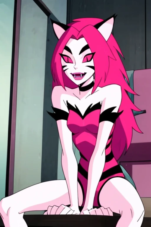 NyaNya, 1girl, solo, pink eyes, pink hair, pink skin, long hair, cat ears, pink sclera, cat tail, claws, slit pupils, pink lips, whisker markings, fangs, bare shoulders, choker, bodysuit, room, sitting, best quality, masterpiece