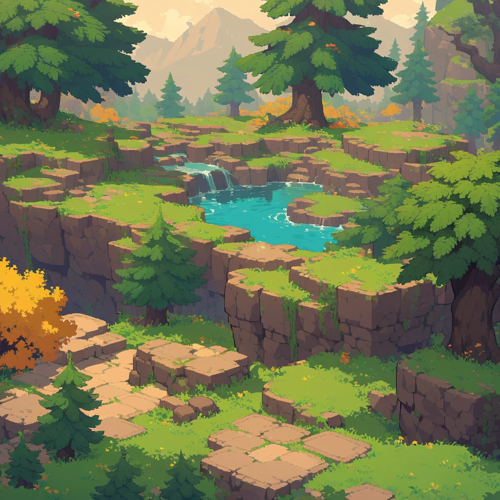 Retro video game style, pixelated, vibrant colors, 8-bit characters, blocky shapes, sharp lines, detailed shading, classic gaming vibe, nostalgic atmosphere, classic arcade games. Masterpiece:1.2, ultra-detailed, illustration style. 2D texture, stone texture, 4K seamless mud texture, video game texture, dirt texture. Game tiles, grass, 3/4th perspective trees, 3/4th perspective tileable rock texture, 3/4th perspective tileable cliff formations, tileable trees, top-down view, tileable texture. Very detailed cliff texture, intricate stones.