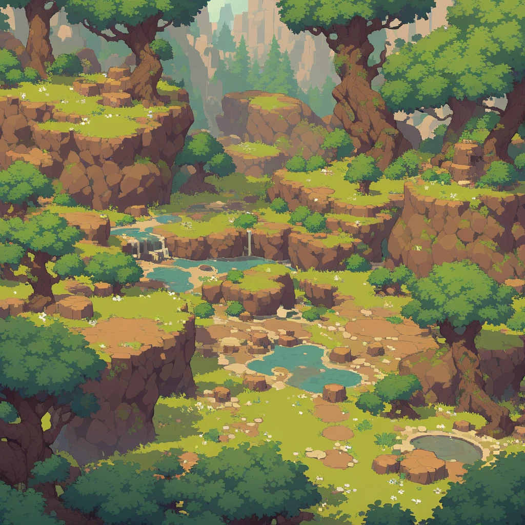 Retro video game style, pixelated, vibrant colors, 8-bit characters, blocky shapes, sharp lines, detailed shading, classic gaming vibe, nostalgic atmosphere, classic arcade games. Masterpiece:1.2, ultra-detailed, illustration style. 2D texture, stone texture, 4K seamless mud texture, video game texture, dirt texture. Game tiles, grass, 3/4th perspective trees, 3/4th perspective tileable rock texture, 3/4th perspective tileable cliff formations, tileable trees, top-down view, tileable texture. Very detailed cliff texture, intricate stones.
