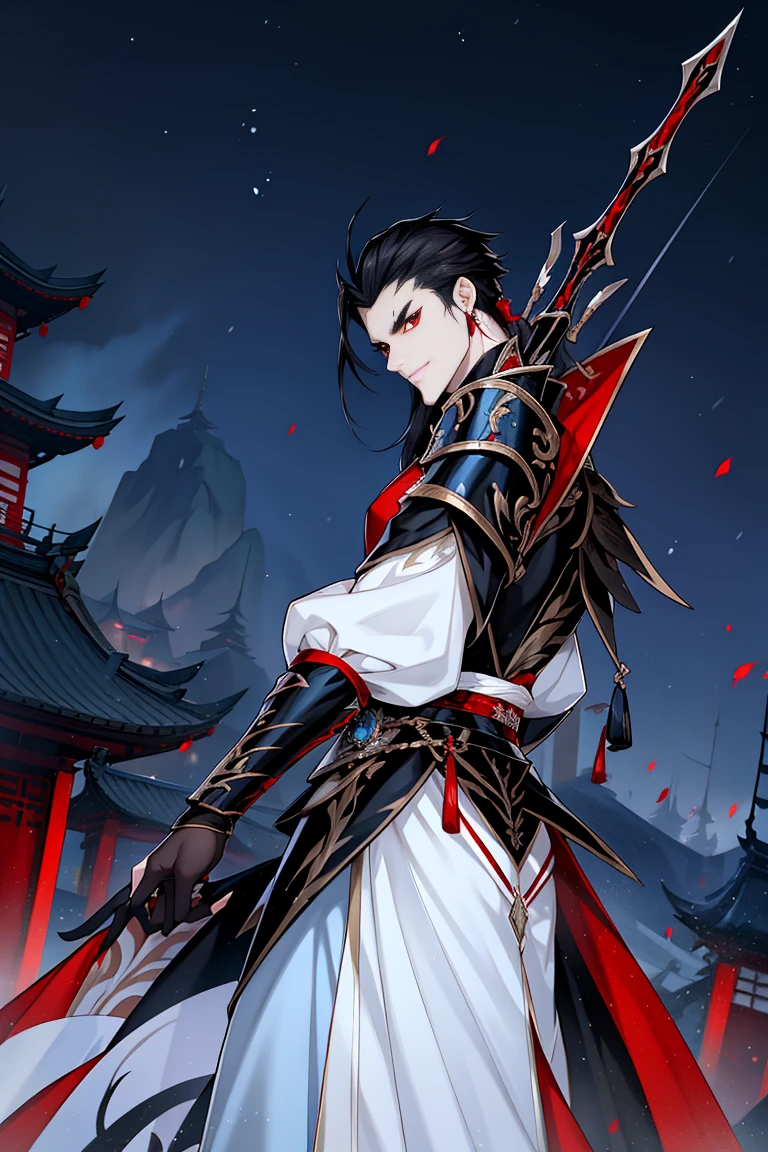 Chinese palace in the background, vampire man, Hanfu, black armor and spear handle, sword with blue lightning coming out of it fiery details, cabelos preto e longos, red eyes,the night,starrysky,rays of moonlight,Asian architecture,Best quality at best,16k,tmasterpiece,random expressions,random action