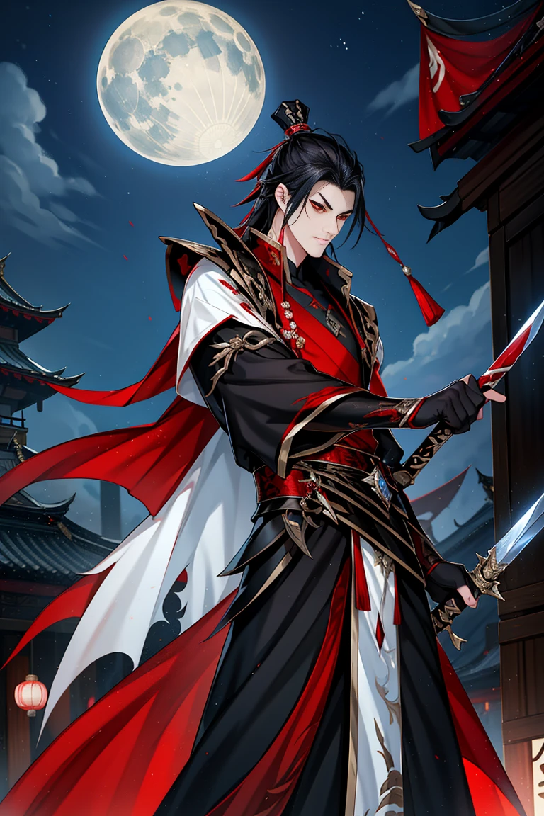 Chinese palace in the background, vampire man, Hanfu, black armor and spear handle, sword with blue lightning coming out of it fiery details, cabelos preto e longos, red eyes,the night,starrysky,rays of moonlight,Asian architecture,Best quality at best,16k,tmasterpiece,random expressions,random action