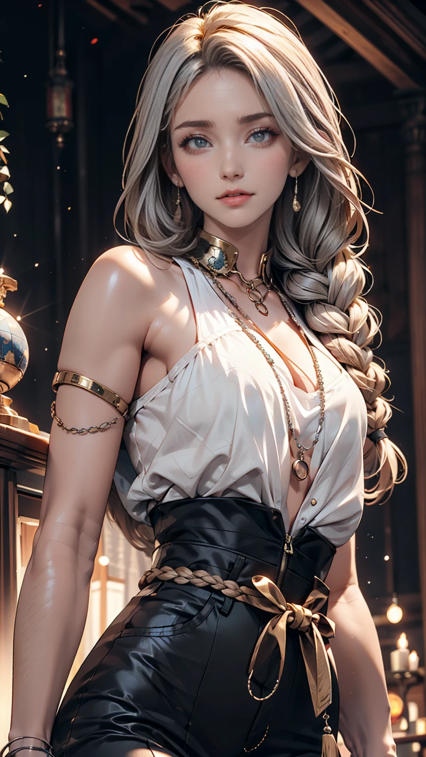24-year-old woman、Multi braid((multiple braids))、Silver Hair、Sexy proportions、Narrow waist、Galileo Galilei's Residence、Observation equipment(Medieval telescope、Medieval terrestrial globe)There are many of them.