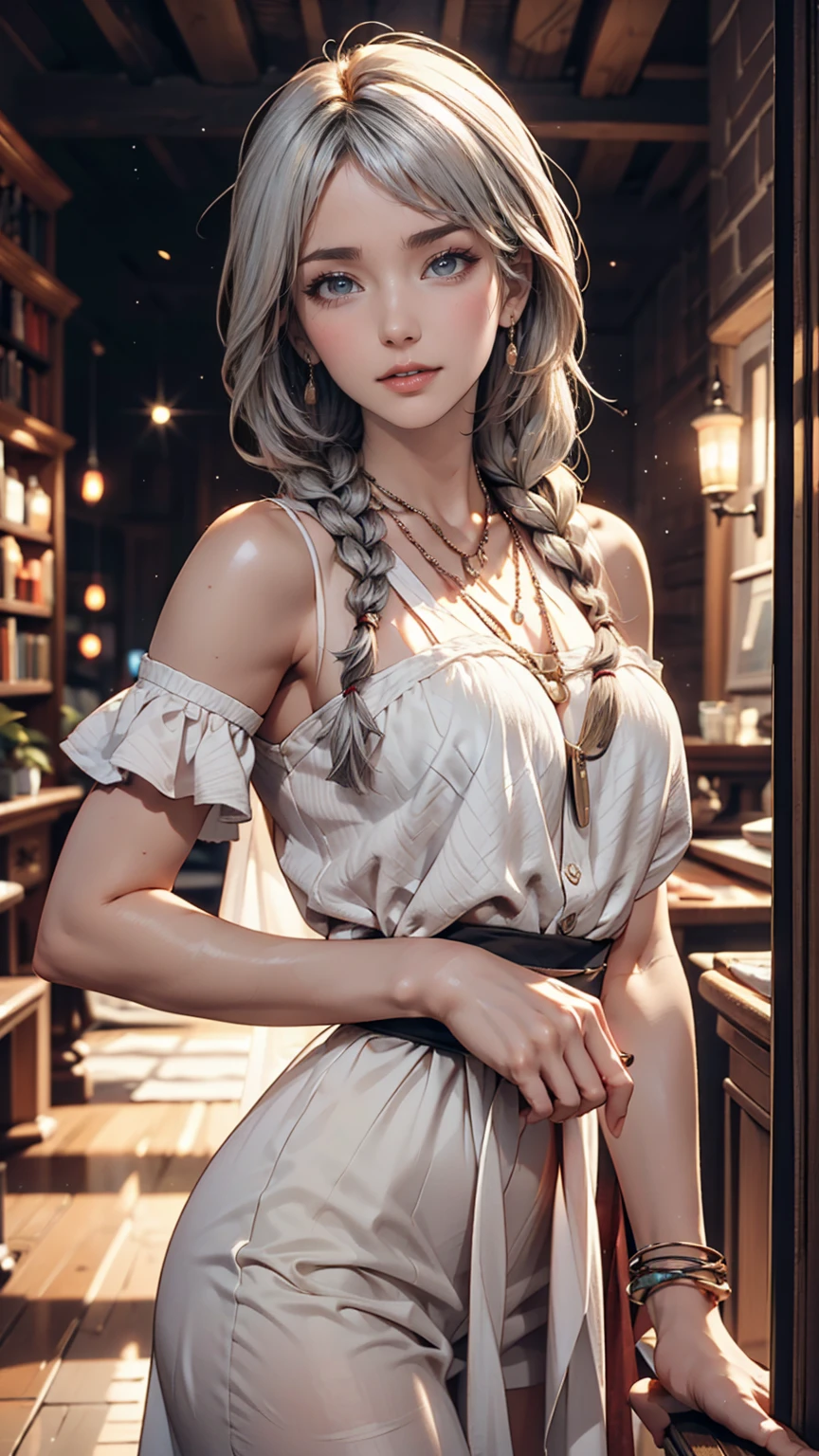 24-year-old woman、Multi braid((multiple braids))、Silver Hair、Sexy proportions、Narrow waist、Galileo Galilei's Residence、Observation equipment(Medieval telescope、Medieval terrestrial globe)There are many of them.