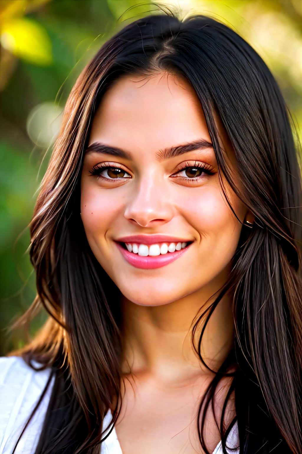 High-resolution, photorealistic portrait, featuring a radiantly beautiful lady with honey-colored eyes, displaying a dazzling smile complete with gleaming white teeth (1.3), adorned with long, straight, luscious black hair. The image, capturing the essence of realism, is meticulously focused, highlighting intricate details of her skin, showcasing a realistic texture. The portrait is professionally produced in 4k quality, with a shallow depth of field, utilizing Kodak Vision Color for enhanced color accuracy. The lady's posture is exquisite, her figure perfectly fitting the frame, making this an ultra-realistic masterpiece fit for 8