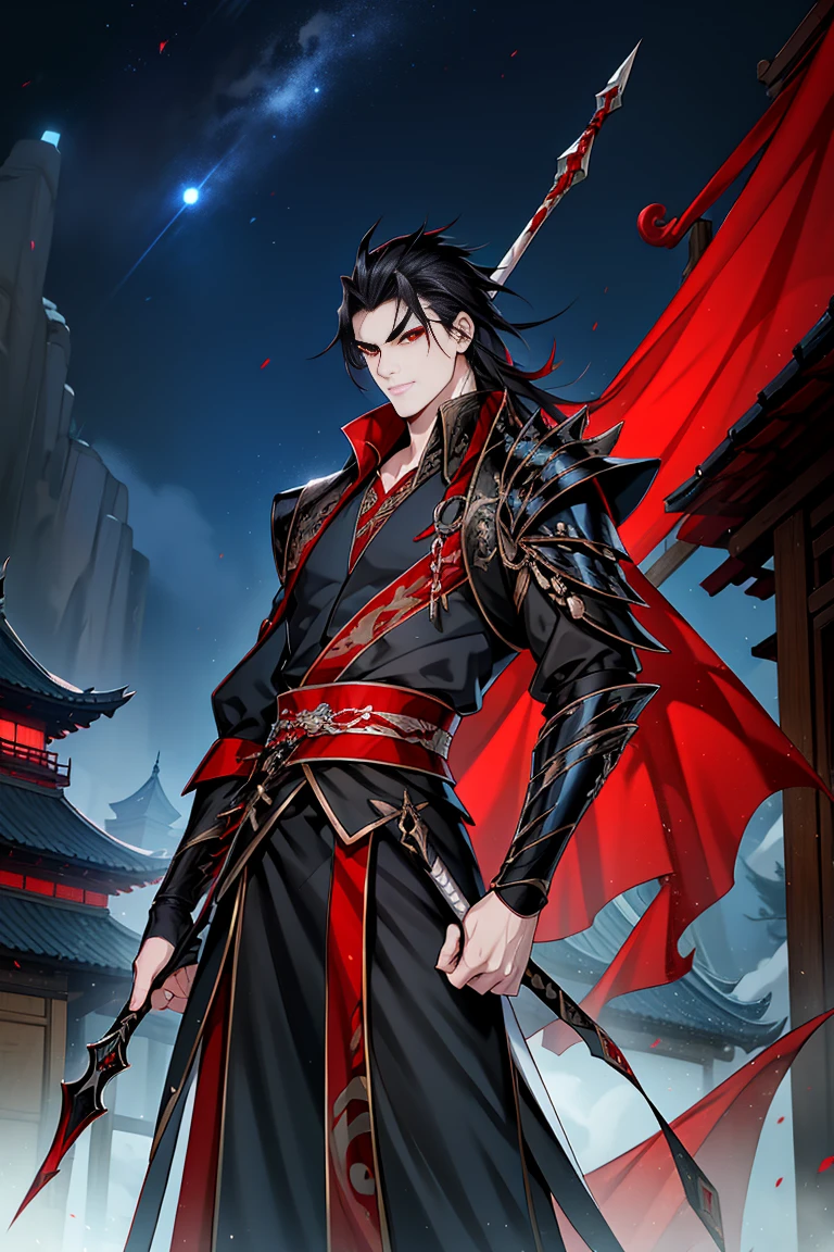 Chinese palace in the background, vampire man, Hanfu, black armor and spear handle, sword with blue lightning coming out of it fiery details, cabelos preto e longos, red eyes，the night，starrysky，rays of moonlight，Asian architecture，Best quality at best，16k,tmasterpiece，random expressions,random action