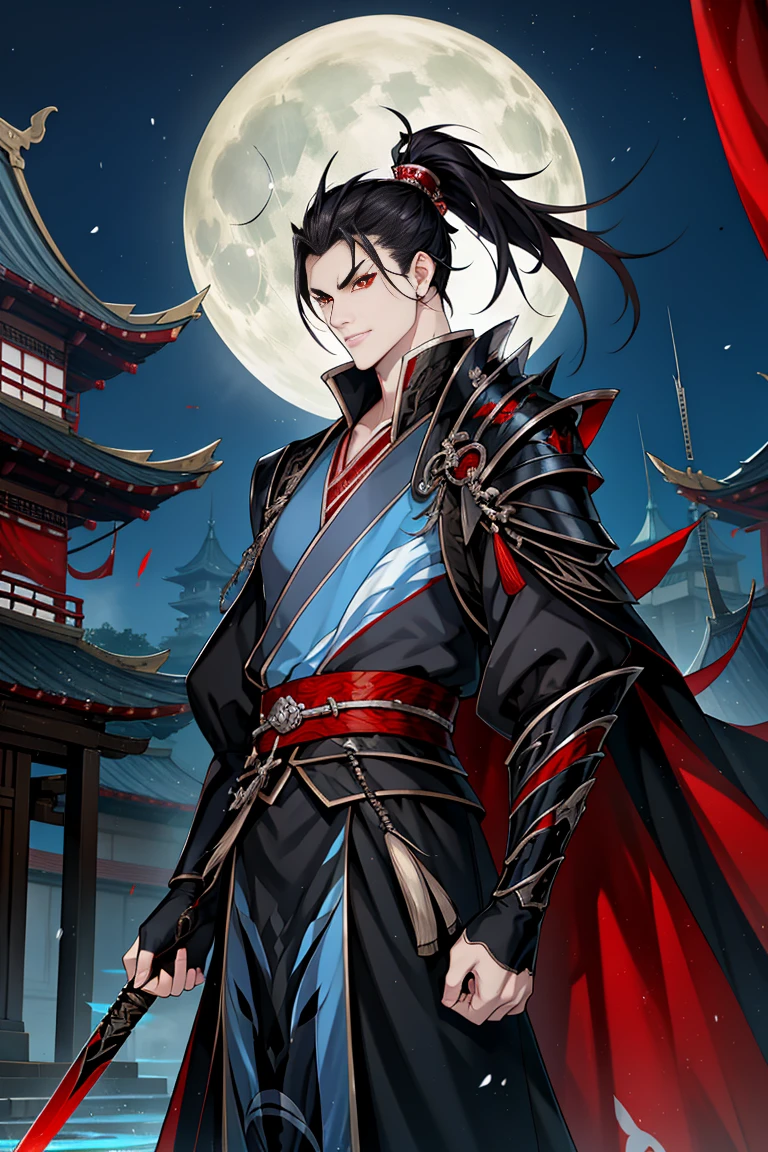 Chinese palace in the background, vampire man, Hanfu, black armor and spear handle, sword with blue lightning coming out of it fiery details, cabelos preto e longos, red eyes，the night，starrysky，rays of moonlight，Asian architecture，Best quality at best，16k,tmasterpiece，random expressions,random action