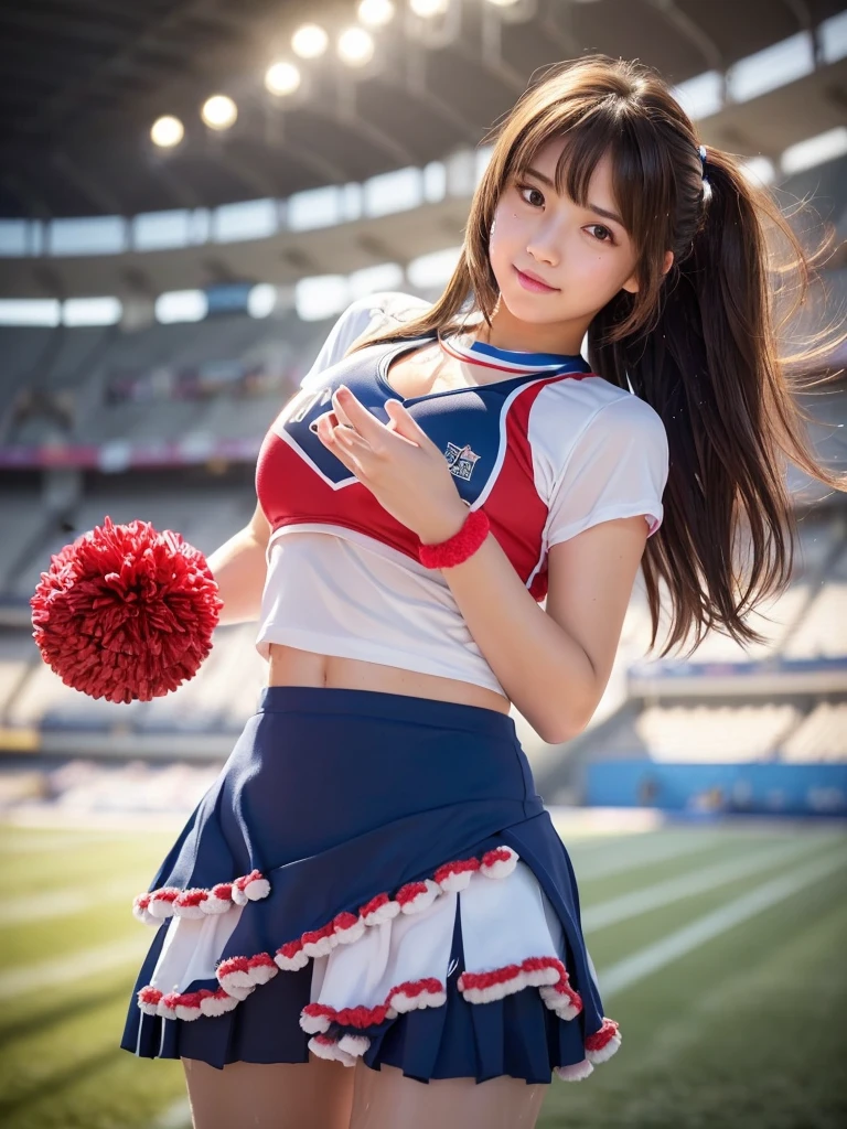 masterpiece, Highest quality, Very detailed, High resolution, (Realistic, photoRealistic:1.37), Excellent anatomy, One beautiful woman, 18-year-old, Height: 152cm, Cheerleader, (Holding a pom-pom in both hands:1.5), A small smile, cheer leading, Cheerleader uniform, (shape), Micro Pleated Mini Skirt, No underwear, ((Very delicate and beautiful)), ((Stadium Background:1.2)), Brown Hair, Long Hair, bangs, Very beautiful face, Cute type, Big Natural Color Lip, Small and cute nose, Big and pretty eyes, Brown eyes, Obvious double, Shiny highlight spots around the eyes, Character Focus, Tilt your head, The best light, Best Shadow, mysterious, Perfect Face, Very detailed, Soft Skin, (Glowing Skin, Sweaty: 1.5), Beautiful feet, Voluptuous thighs, Plump body, Huge breasts, (Expresses the roundness and softness of the chest area.........1), Beautiful body, (The perfect woman), Spread your legs, ((Provocative dynamic pose)), Skirt flip, (Spreading pussy:1.5)