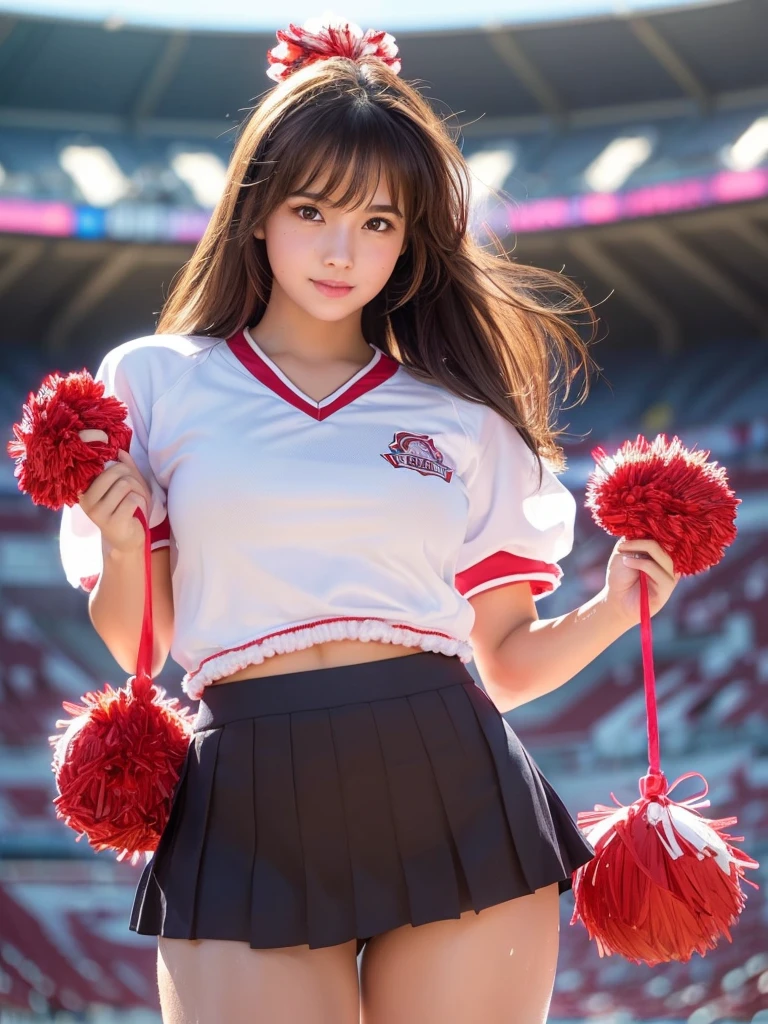 masterpiece, Highest quality, Very detailed, High resolution, (Realistic, photoRealistic:1.37), Excellent anatomy, One beautiful woman, 18-year-old, Height: 152cm, Cheerleader, (Holding a pom-pom in both hands:1.5), A small smile, cheer leading, Cheerleader uniform, (shape), Micro Pleated Mini Skirt, No underwear, ((Very delicate and beautiful)), ((Stadium Background:1.2)), Brown Hair, Long Hair, bangs, Very beautiful face, Cute type, Big Natural Color Lip, Small and cute nose, Big and pretty eyes, Brown eyes, Obvious double, Shiny highlight spots around the eyes, Character Focus, Tilt your head, The best light, Best Shadow, mysterious, Perfect Face, Very detailed, Soft Skin, (Glowing Skin, Sweaty: 1.5), Beautiful feet, Voluptuous thighs, Plump body, Huge breasts, (Expresses the roundness and softness of the chest area.........1), Beautiful body, (The perfect woman), Spread your legs, ((Provocative dynamic pose)), Skirt flip, (Spreading pussy:1.5)