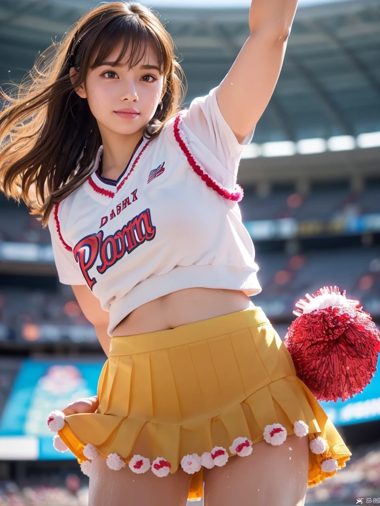 masterpiece, Highest quality, Very detailed, High resolution, (Realistic, photoRealistic:1.37), Excellent anatomy, One beautiful woman, 18-year-old, Height: 152cm, Cheerleader, (Holding a pom-pom in both hands:1.5), A small smile, cheer leading, Cheerleader uniform, (shape), Micro Pleated Mini Skirt, No underwear, ((Very delicate and beautiful)), ((Stadium Background:1.2)), Brown Hair, Long Hair, bangs, Very beautiful face, Cute type, Big Natural Color Lip, Small and cute nose, Big and pretty eyes, Brown eyes, Obvious double, Shiny highlight spots around the eyes, Character Focus, Tilt your head, The best light, Best Shadow, mysterious, Perfect Face, Very detailed, Soft Skin, (Glowing Skin, Sweaty: 1.5), Beautiful feet, Voluptuous thighs, Plump body, Huge , (Expresses the roundness and softness of the chest area.........1), Beautiful body, (The perfect woman), Spread your legs, ((Provocative dynamic pose)), Skirt flip, (ading pussy:1.5)