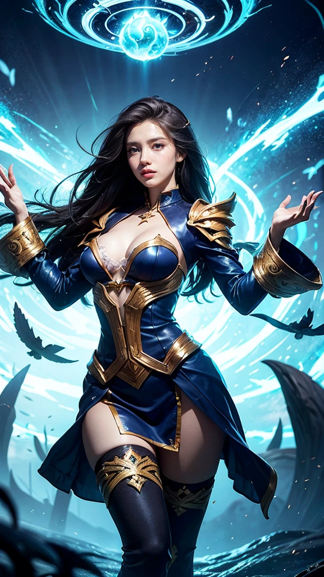 "Illustrate Lissandra in her Elementalist skin from League of Legends by Riot Games, dressed in a mystical, elemental-themed outfit with shifting colors and magical symbols, have massive k-cups, in a vibrant, elemental realm with swirling energies and floating islands."

