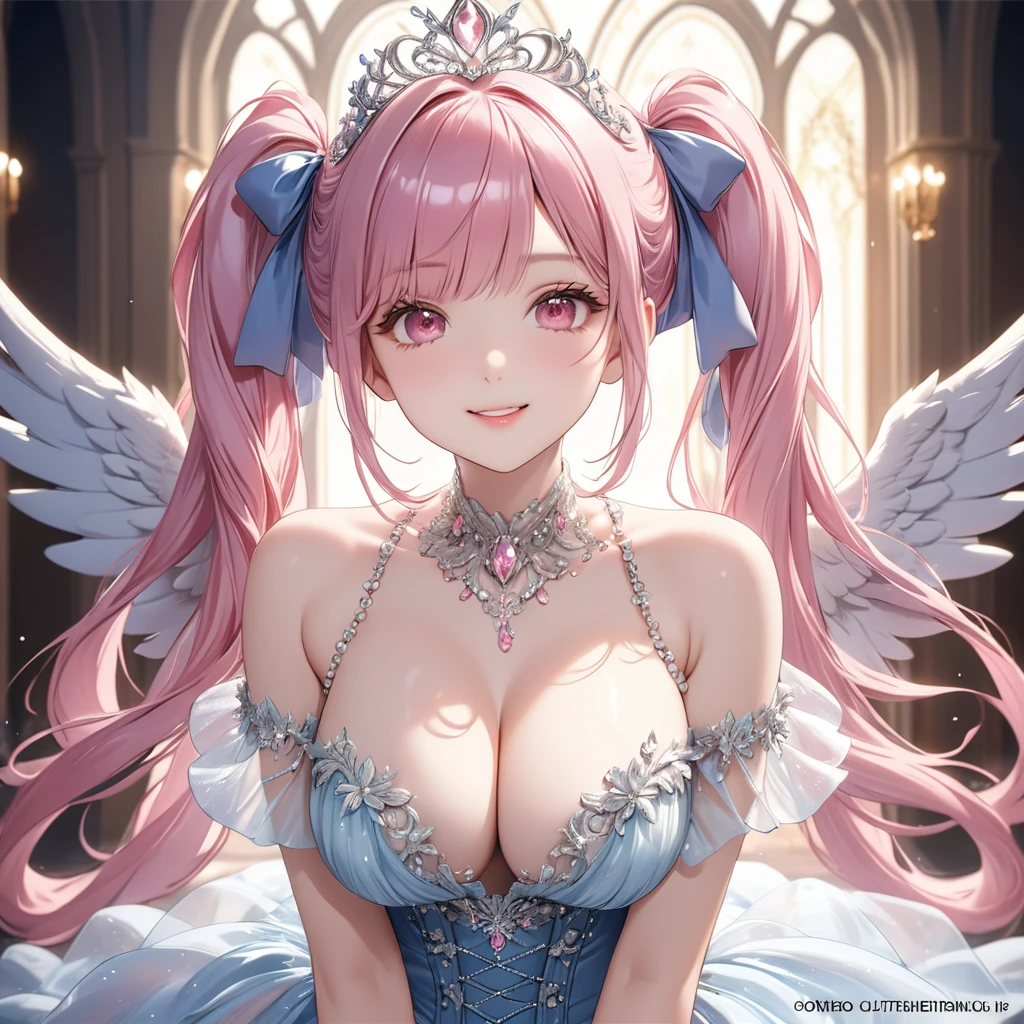 (8k, masutepiece, Best Quality, Official art, beautiful detailed, beautiful lighting, best masterpiece in history that exceeds limits), (1 Girl, solo), (), (beautiful detailed face), (shiny white skin), (Beautiful big bust, cleavage:1.2), (Beautiful detailed pink twintails hair, Bangs:1.3), (beautiful detailed drooping pink eyes:1.5), (Beautiful Luxurious blue Princess Dresses, See-through intricate lace, black cute bow ribbon, a lot of see-through frill, sheer chiffon material, silver thread, Diamond, pearl, corset), (Beautiful Luxurious Diamonds Tiara), (happy smile:1.2), breathtaking scenery, (Attractive, Look at the camera, cute pose), (Beautiful fantastic angel wings:1.3)