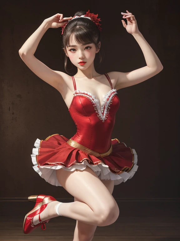 (Highest quality、 8k 、masterpiece、High resolution)、(DEGAS、Dancer)、Ballet、(White toe shoes)、whole body、 girl、(顔がcute、reddish、Red lips、Eyeliner)、Long legs、Good style、cute、Realistic、Realistic、Official Art、Detailed CG、