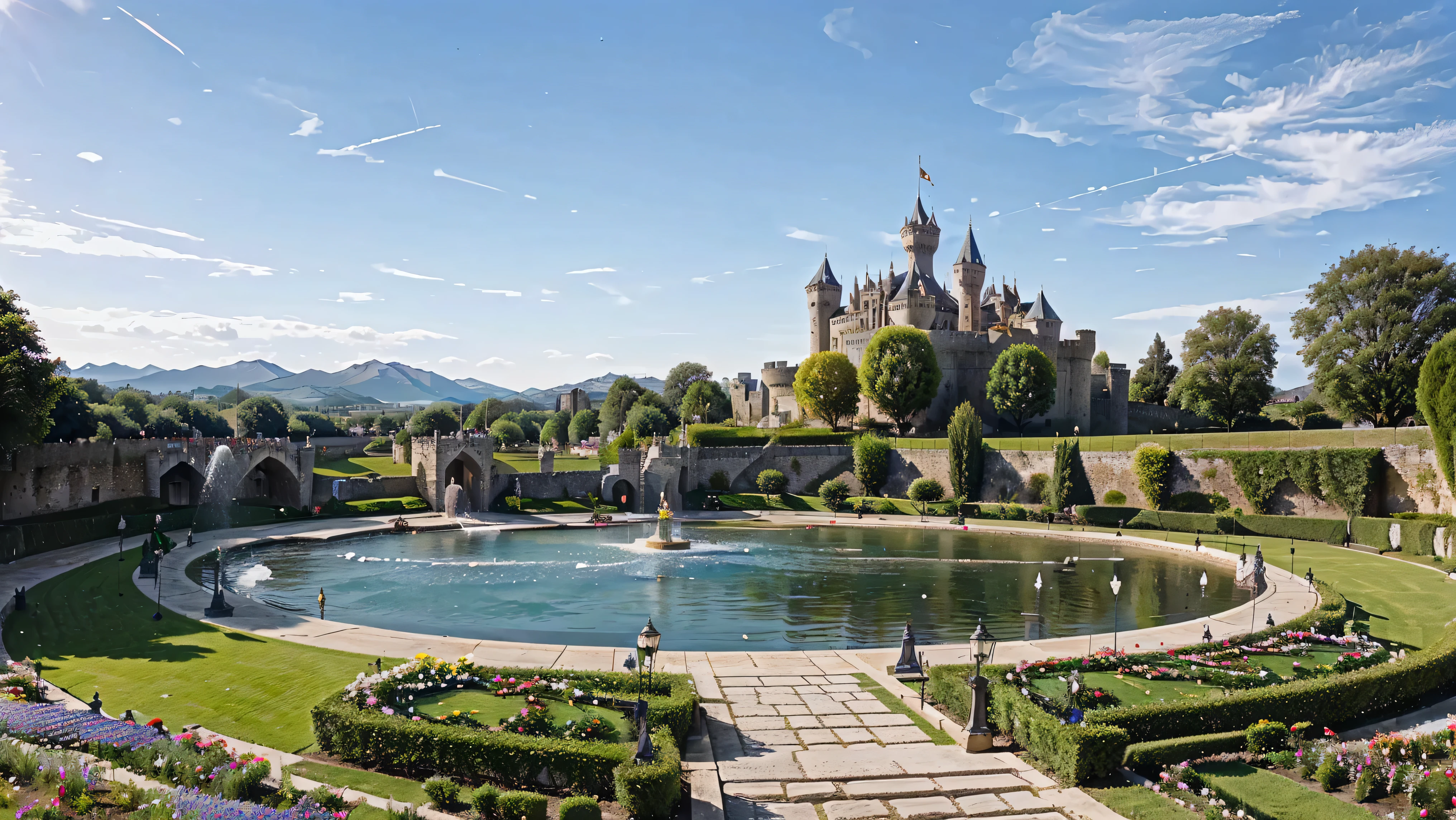 (representing in detail an external view of a complete medieval castle, complete medieval castle with hills, towers with flags, bridge, the landscape, lawn, garden with colorful flowers and fountains, lively atmosphere and relaxed attitude, meticulously capturing every intricate detail),