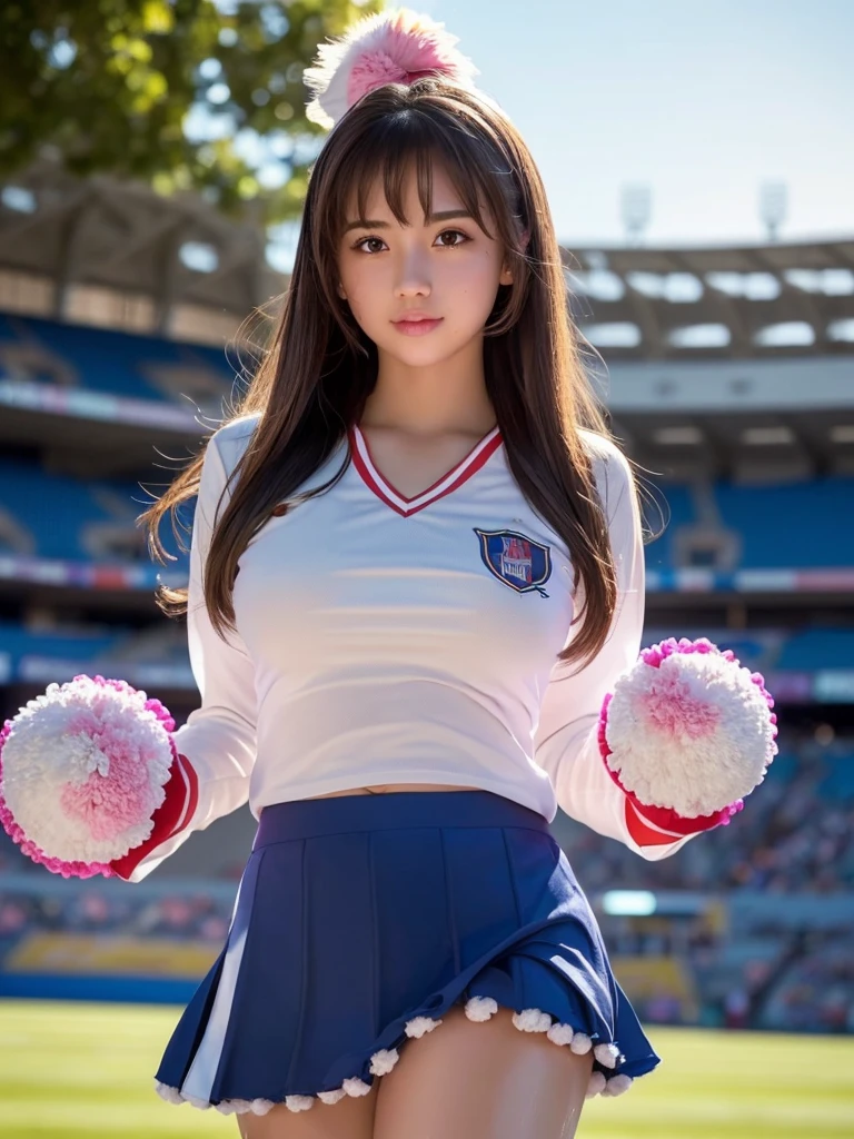 masterpiece, Highest quality, Very detailed, High resolution, (Realistic, photoRealistic:1.37), Excellent anatomy, One beautiful woman, 18-year-old, Height: 152cm, Cheerleader, (Holding a pom-pom in both hands:1.5), A small smile, cheer leading, Cheerleader uniform, (shape), Micro Pleated Mini Skirt, No underwear, ((Very delicate and beautiful)), ((Stadium Background:1.2)), Brown Hair, Long Hair, bangs, Very beautiful face, Cute type, Big Natural Color Lip, Small and cute nose, Big and pretty eyes, Brown eyes, Obvious double, Shiny highlight spots around the eyes, Character Focus, Tilt your head, The best light, Best Shadow, mysterious, Perfect Face, Very detailed, Soft Skin, (Glowing Skin, Sweaty: 1.5), Beautiful feet, Voluptuous thighs, Plump body, Huge breasts, (Expresses the roundness and softness of the chest area.........1), Beautiful body, (The perfect woman), Spread your legs, ((Provocative dynamic pose)), Skirt flip, (Spreading pussy:1.5)