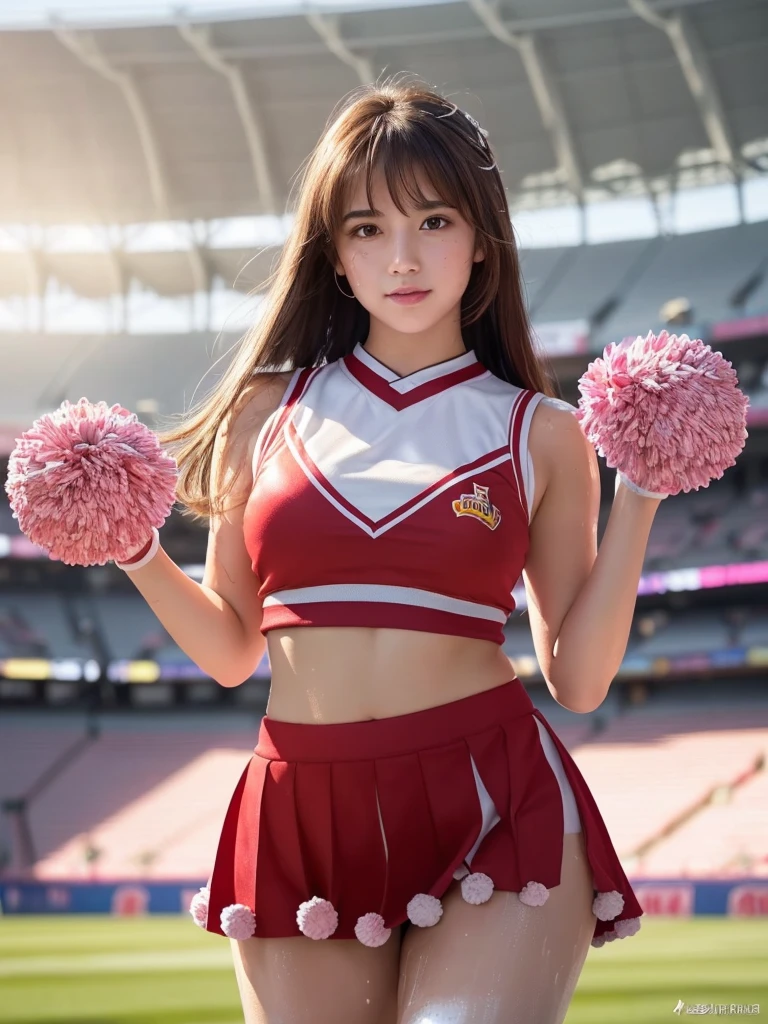 masterpiece, Highest quality, Very detailed, High resolution, (Realistic, photoRealistic:1.37), Excellent anatomy, One beautiful woman, 18-year-old, Height: 152cm, Cheerleader, (Holding a pom-pom in both hands:1.5), A small smile, cheer leading, Cheerleader uniform, (shape), Micro Pleated Mini Skirt, No underwear, ((Very delicate and beautiful)), ((Stadium Background:1.2)), Brown Hair, Long Hair, bangs, Very beautiful face, Cute type, Big Natural Color Lip, Small and cute nose, Big and pretty eyes, Brown eyes, Obvious double, Shiny highlight spots around the eyes, Character Focus, Tilt your head, The best light, Best Shadow, mysterious, Perfect Face, Very detailed, Soft Skin, (Glowing Skin, Sweaty: 1.5), Beautiful feet, Voluptuous thighs, Plump body, Huge breasts, (Expresses the roundness and softness of the chest area.........1), Beautiful body, (The perfect woman), Spread your legs, ((Provocative dynamic pose)), Skirt flip, (Spreading pussy:1.5)