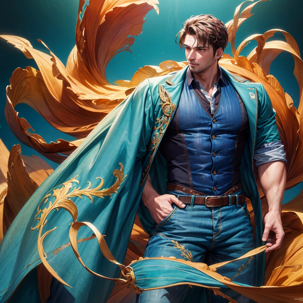 (high resolution, hyper-detailing), masterpiece, best quality. a vibrant studio lighted background with 60% teal, 30% red and 10% yellow with a handsome man standing with wheatish skin in a formal shirt and denim pants with detailed face, lighting and reflections.
