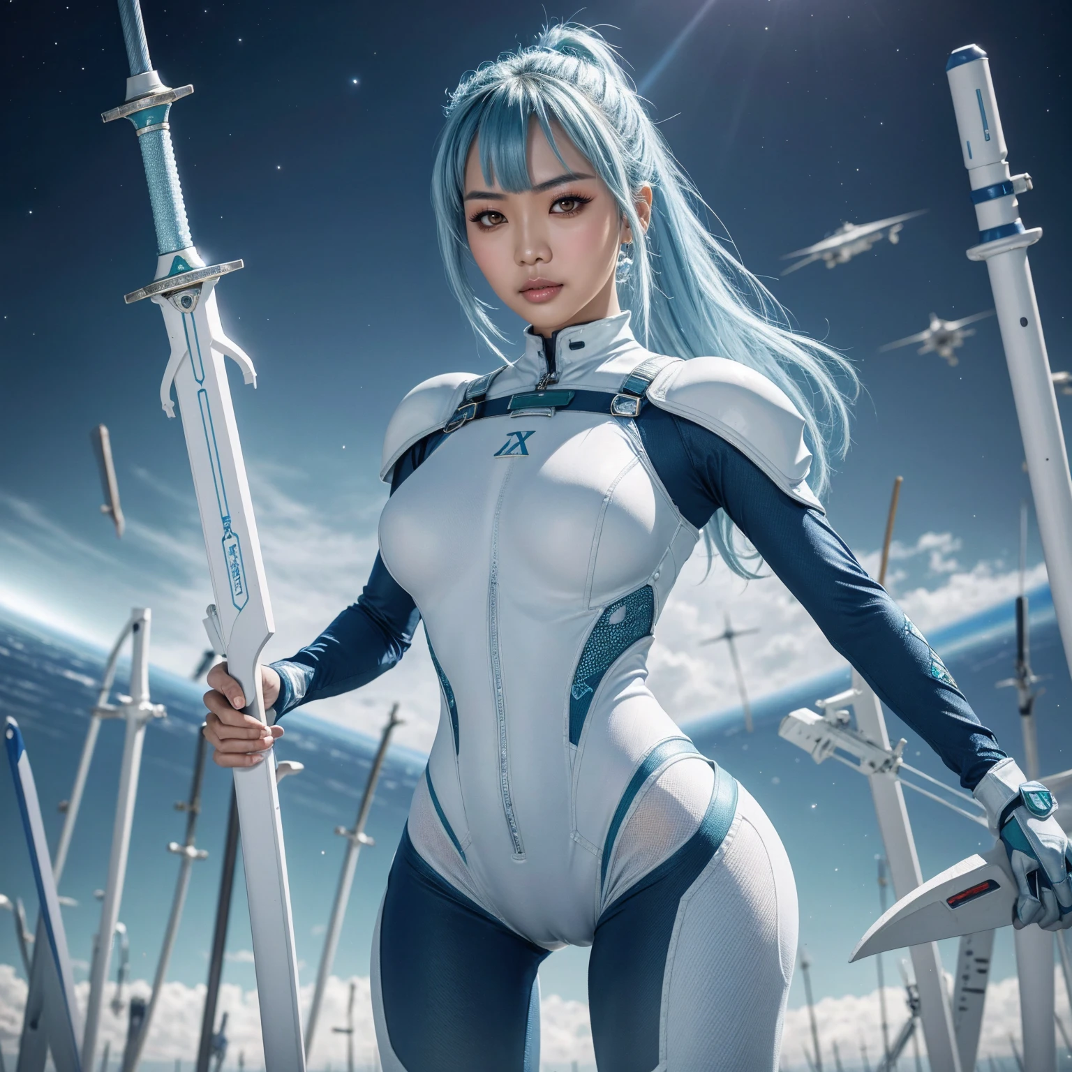 4K,hight resolution,One Asian Woman, light blue hair,poneyTail.Green eyes,Colossal ,White Cybersuit,Bodysuits, (holding Longsword), spaceship at the background in the space,Axe