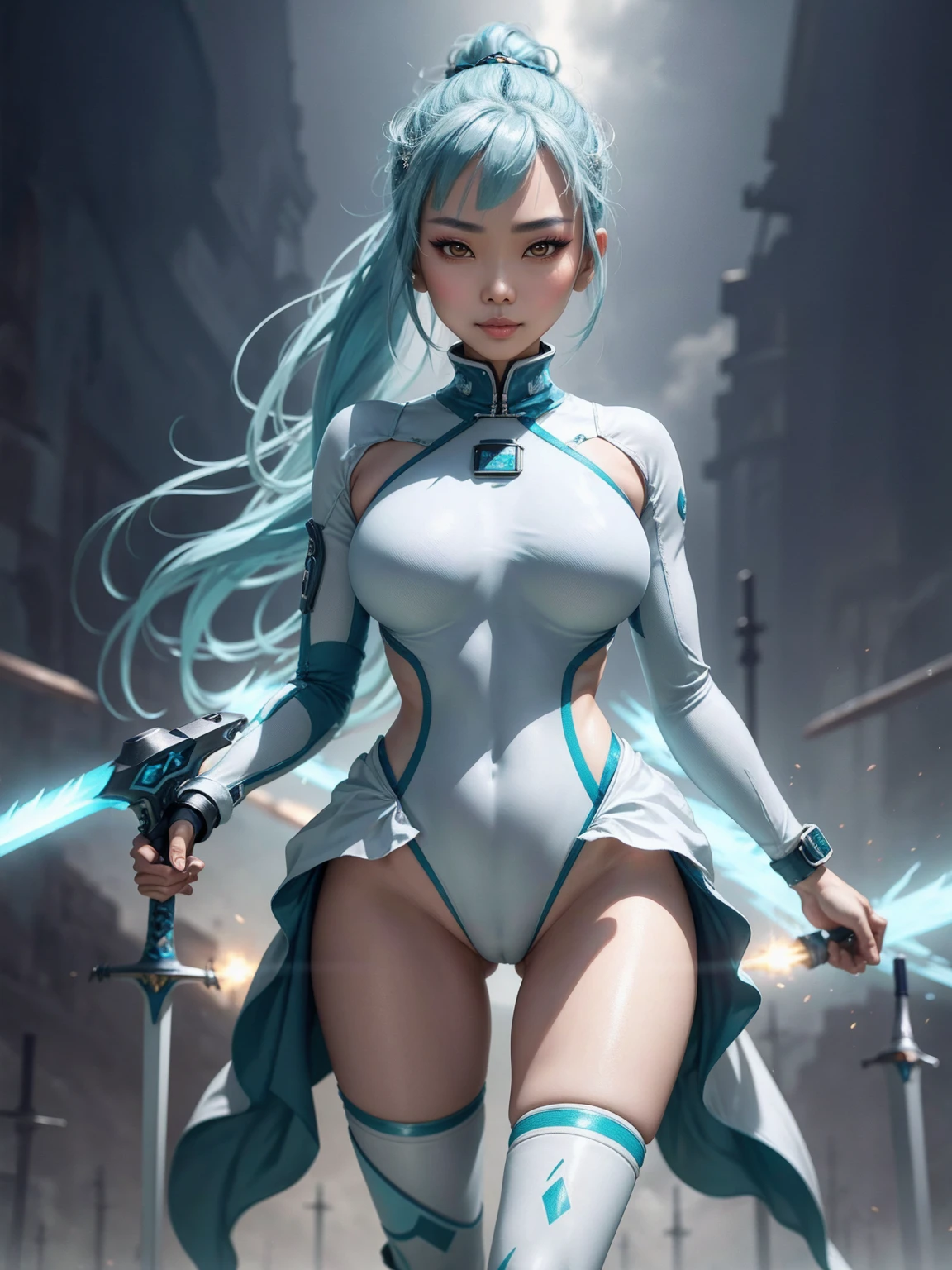 4K,hight resolution,One Asian Woman, light blue hair,poneyTail.Green eyes,Colossal ,White Cybersuit,Bodysuits, (holding Longsword), spaceship at the background in the space,Axe