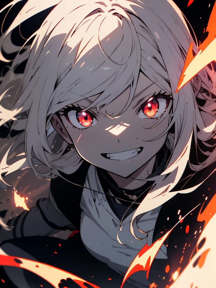 (Highest quality、masterpiece、High resolution、detailed)、(Shining Eyes、detailed美しい顔)、8k、1 boy, Flying hair, Red eyes, Fire Witch, Blood on my face, Particles of light, lightning, wallpaper, colorful, High Contrast 1.2, vampire, Grin, Wicked Smile, psychopathic Grin, Psychopathic smile, Tilt your head、Blonde(Beautiful Anime:1.4)