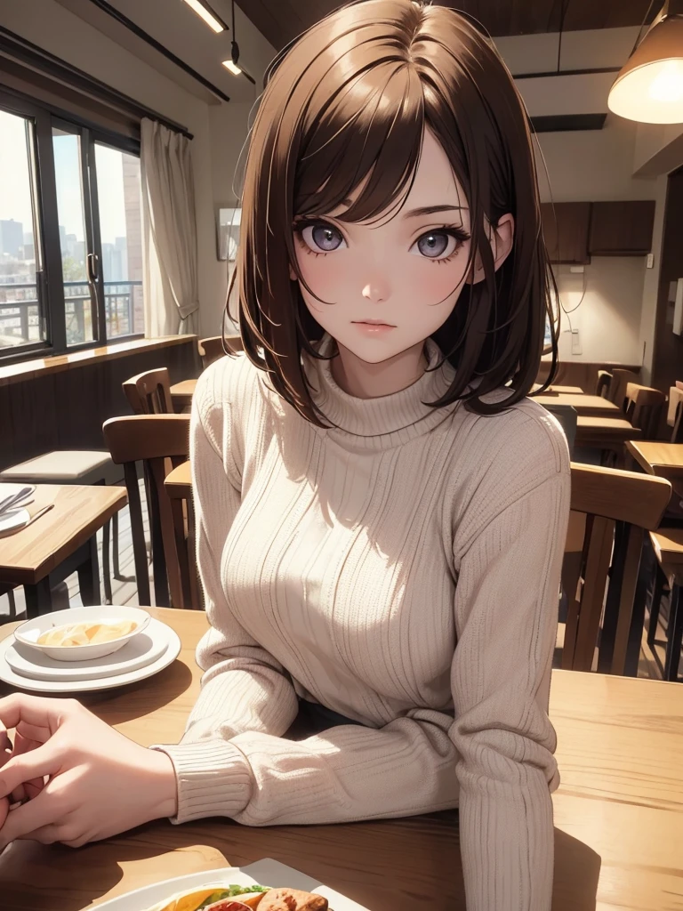 (8K, Best Quality, Masterpiece, Ultra High Resolution) Single Person, 1 Woman, Cute Eyes, Face Details, Pale Skin, Slender, Short, Brunette Hair, Long Hair, Brown Eyes, Casual Outfit, Sitting at Table, Apartment, Best Quality, Upper Body, Looking at the Viewer, Facing Viewer, Close Up