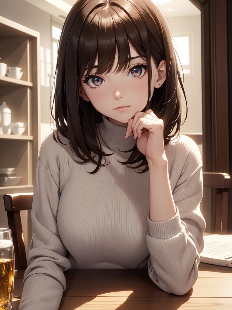 (8K, Best Quality, Masterpiece, Ultra High Resolution) Single Person, 1 Woman, Cute Eyes, Face Details, Pale Skin, Slender, Short, Brunette Hair, Long Hair, Brown Eyes, Casual Outfit, Sitting at Table, Apartment, Best Quality, Upper Body, Looking at the Viewer, Facing Viewer, Close Up