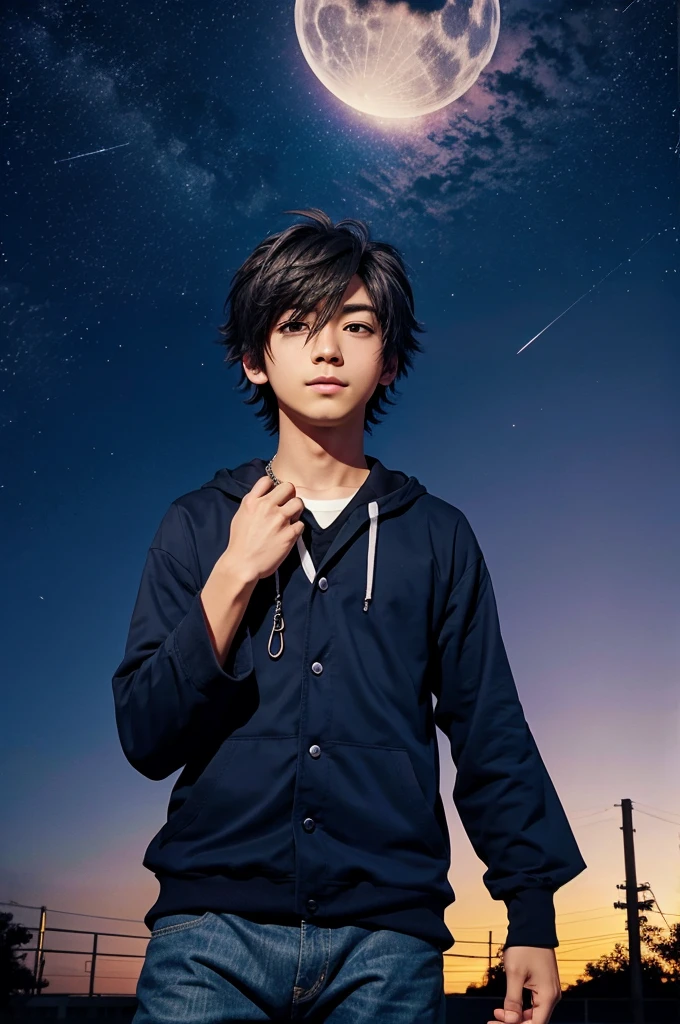 A anime boy seeing in the sky at night 