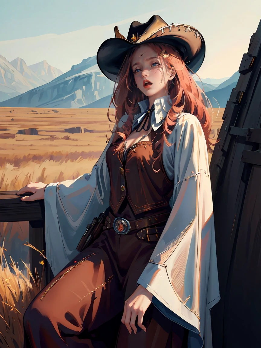 Long dark red hair, brown eyes, gloss lips, front look, close up, portrait, beautiful eyes, wearing a male white suit, big white, curly hair cut, clear skin, young 30 years girl, adult girl, solo, very long hair, ankle length hair, handsome older WOMAN，Hyperresolution，accuracy，Detailed rendering,（Image of fine hair）（topquality）（Masterpieces of masters）（High degree of completeness）（A sense of atmosphere）tmasterpiece，Super detailed and super detailed（((half-body portrait)))(((Older woman))) (((Western girl))), (((Cowgirl))) (((Cowboy hat))) (((Gunslinger)))(((Better hands)))(((Black outfit)))