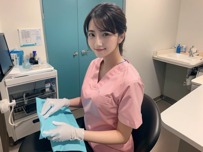 (Highest quality,8k,High resolution),dentist,Holding a medical drill,Rubber gloves,,Perfect Anatomy,Short sleeve scrubs,surgical light on head,Treatment table