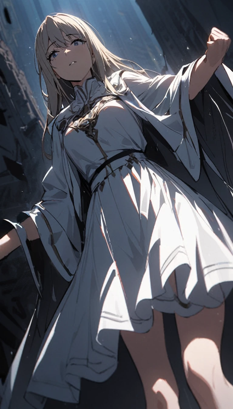 1girl dress in white-skirt, Low Angle Shot, power, dominance, vulnerability, perspective, intimacy, grandeur, foreboding, storytelling, cinematography