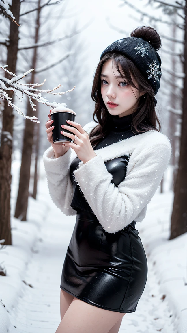"Illustrate Neeko in her Winter Wonder skin from League of Legends by Riot Games, adorned in a festive, icy outfit with snowflakes and frosty details, have massive k-cups, in a magical, snow-covered forest with sparkling ice crystals and falling snowflakes."