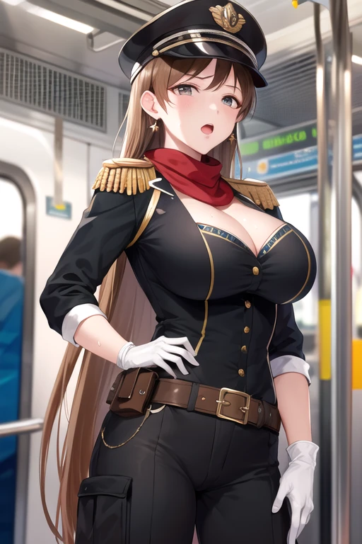 masterpiece, best quality, highres, aanitta, (very long hair), (black peaked cap), earrings, big breasts, cleavage, muscular body, military uniform, epaulettes, badges, (black shirt:1.2), (gold trim), (bulletproof vest), (red ascot), black sleeves, long sleeves, (black cargo pants), utility belt, (belt pouches), cargo pants, (white gloves), cowboy shot, standing, (holding the pole), (serious facial expression), (slightly-open mouth), sweat, facing the viewer, looking at the viewer, (subway train car), stuffy, hot