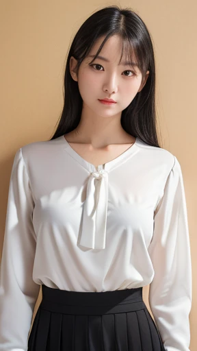 masterpiece, Highest quality, (RAW Photos:1.3), Realistic, Upper body photo, Beautiful adult woman, Age 27, Long face, Long-term. Neatly tied black hair, clean, Symmetrical face, Symmetrical eyes, Stern expression, (White blouse, Small breasts:1.4), intellectual, A neat female teacher, classroom, blackboard
