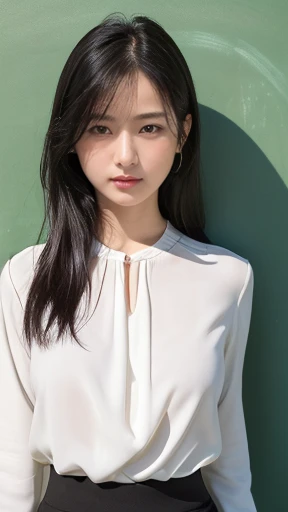 masterpiece, Highest quality, (RAW Photos:1.3), Realistic, Upper body photo, Beautiful adult woman, Age 27, Long face, Long-term. Neatly tied black hair, clean, Symmetrical face, Symmetrical eyes, Stern expression, (White blouse, Small breasts:1.4), intellectual, A neat female teacher, classroom, blackboard