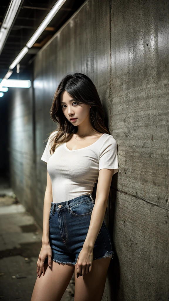 A sexy korean model, long legs, wavy blonde hair, (perfect body, giant breasts, braless), ((casual white tight shirt with o-neck, jersey, loose, short-sleeve), (jeans short shorts)), seductive look, midnight, night, night at abandoned factory, ruined floor, ruined wall, fog, dirty, industrial pipes, industrial machine, dynamic lighting, dark room, dynamic angle, perspective, candid, finely detailed eyes and detailed face