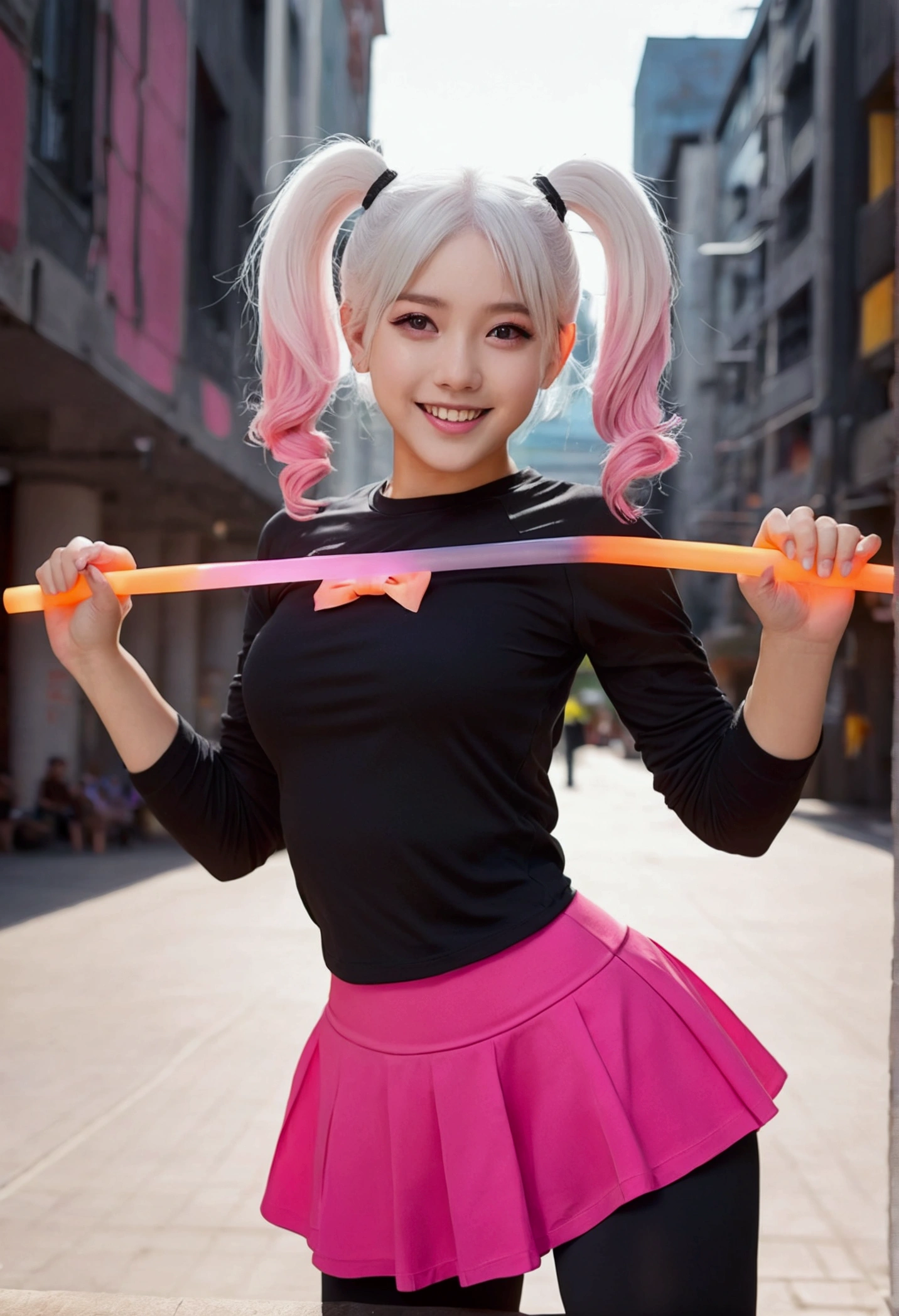 1girl, white hair, short twintails, extremely happy, cheerful, pink eyes, wearing plain black shirt, pink skirt, black leggings, city, absurdres, high res, ultrasharp, 8K, masterpiece, looking at viewer, no hat, holding orange glowsticks in hands, doing splits showing panties