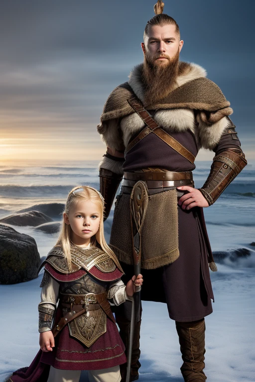 Front view, Standing pose, on ground, Viking Warlord,11th century, (1 boy and 1 girl is existence), (couple Vikings),1 girl ,beautiful Sweden Young girl, 25 years old, (Highly detailed face, Ordinary eyes, Long eyelashes, Tapered eyebrows, gold hair, fringe, Variegated eyes, Fuller lips, little Lips),(C cup breasts, slender whist, middle hip), (Viking armor,Viking costume, Seal fur shawl),Nordic Beaches ,(masterpiece, Highest quality, masterpiece, God-like quality, Sacred art, , Very realistic , Dark and foggy、The setting is a snowstorm)