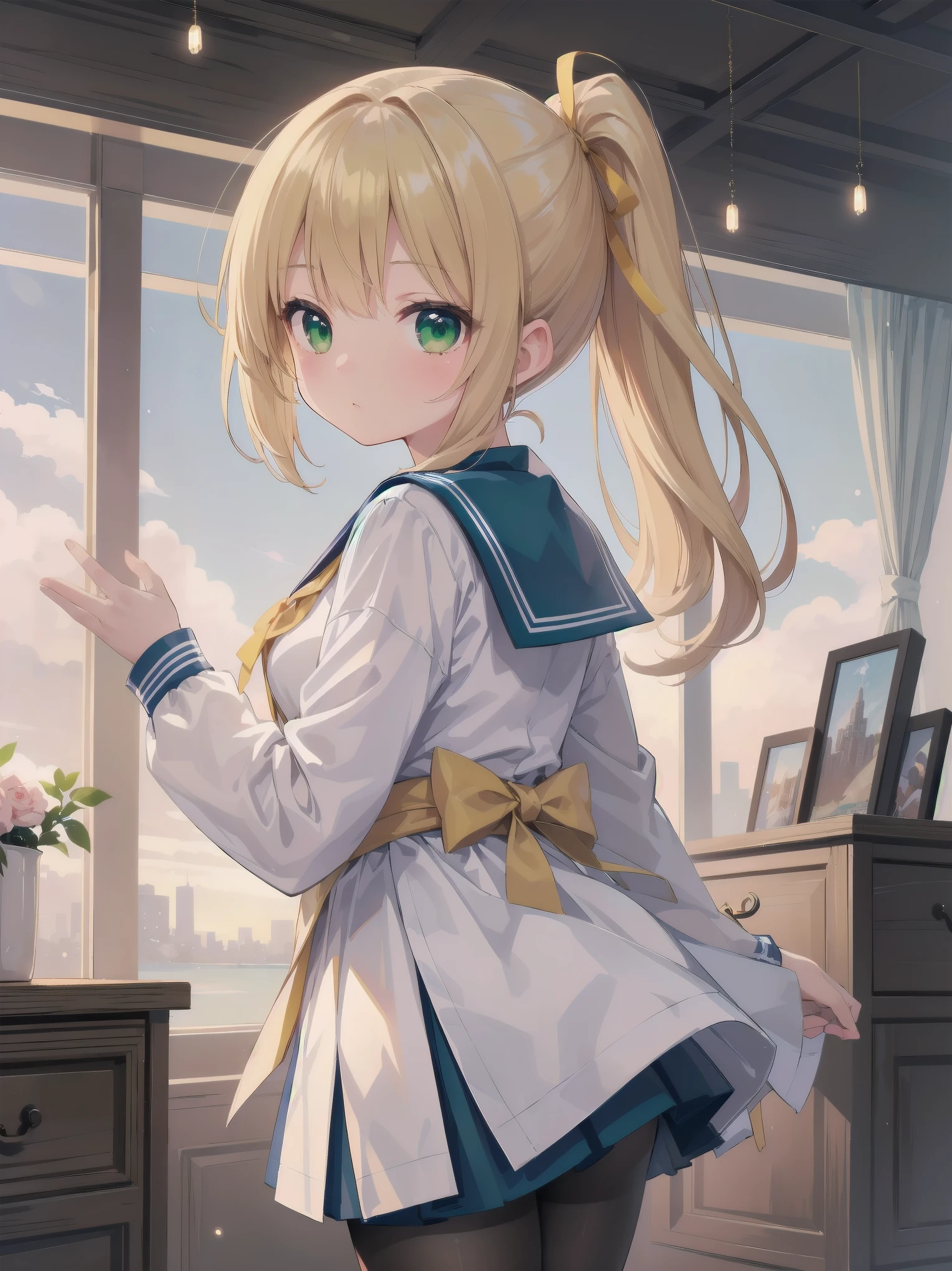 Masterpiece, illustration, super detailed, kawaii, one girl, 独奏, slender 14 year old, Japanese girl, chou chou, ribbon, nape of neck, low ponytail, cute pose in Less revealing attire, (green sailor outfit, two gold lines), large gold ribbon, priss skirt, black pantyhose, , Long Sleeves, White innerwear for sailor suit, living room, cowgirl shot, sfw, dynamic angle、Close-up on the characters、(building, city、A dense fog of fluorescent particles、1800Era、Japanese Style、Fiction、grow、Overwhelming、Detailed street)、A beautiful girl with a beautiful background and a super cute pose