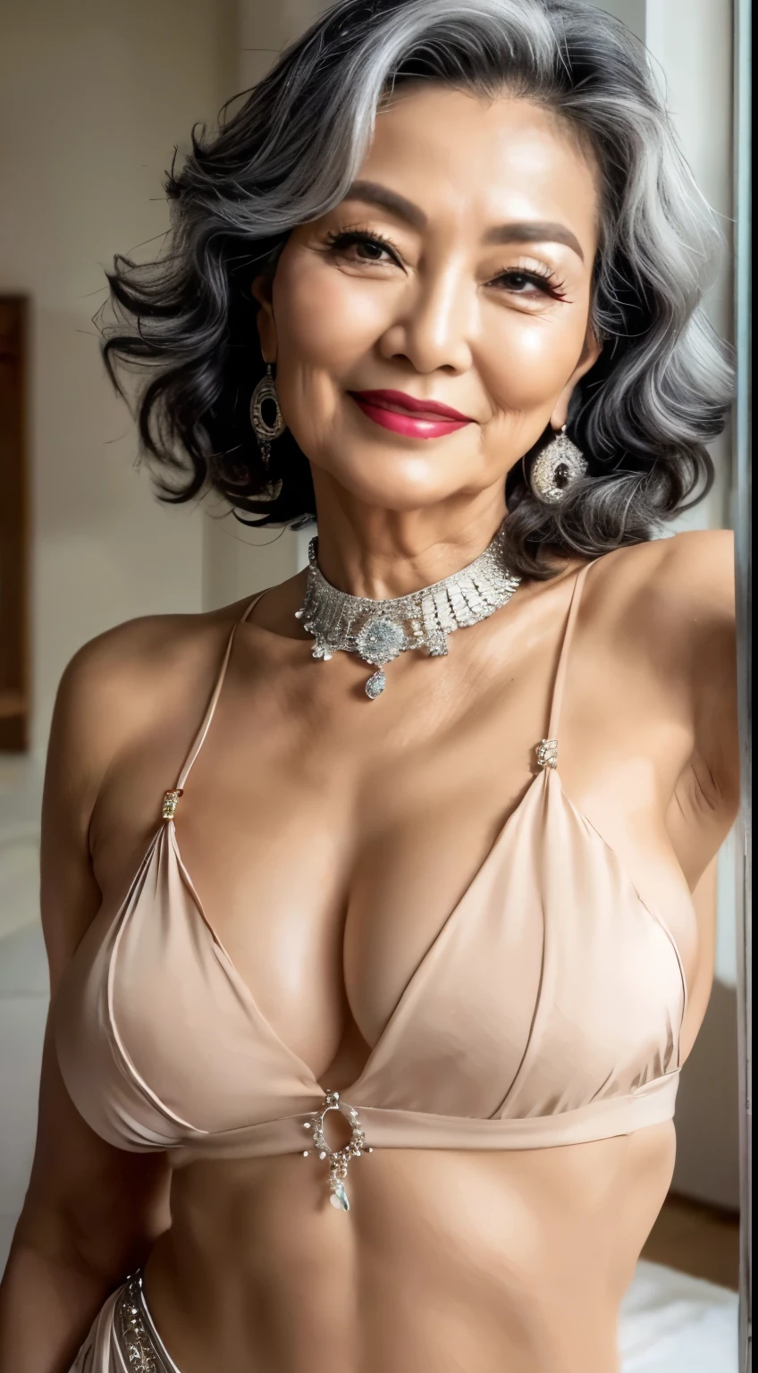 75 years old　mom　milf　Korean, Lady　large earring　Big choker　navel piercing decoration　A bracelet　Silver Hair　realisitic　Gorgeous Madame Beautiful Mature Woman　sexly　Smile　Gentle woman navel piercing　４K　High quality gorgeous madam beautiful mature woman