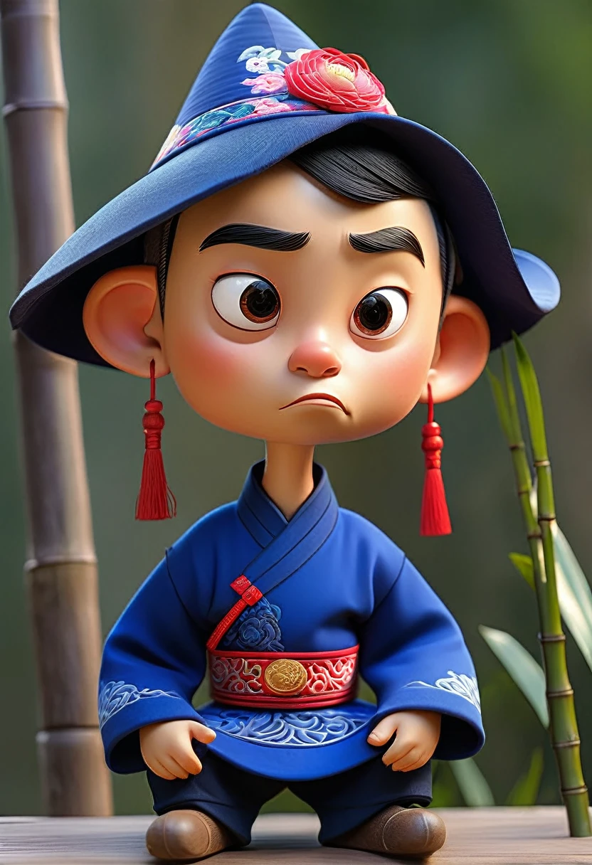 Disney cartoon style，Mature and steady man，Wearing bamboo hats on his head，Dark blue traditional Guangxi costume，Wearing a dark blue traditional costume with Guangxi Zhuang characteristics，With exquisite embroidery pattern